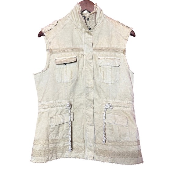 BKE Jackets & Blazers - BKE Outerwear Women Large Tan Utility Vest Lace Trim Distressed Raw Hem Cargo